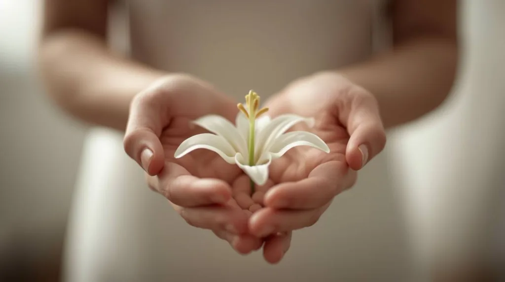 hands holding a lily flower symbolising grief