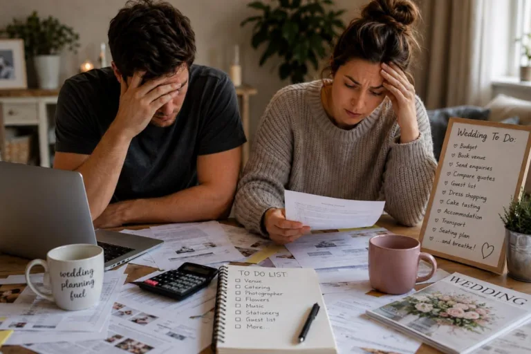 Engaged couple surrounded by wedding planning paperwork and supplier information.
