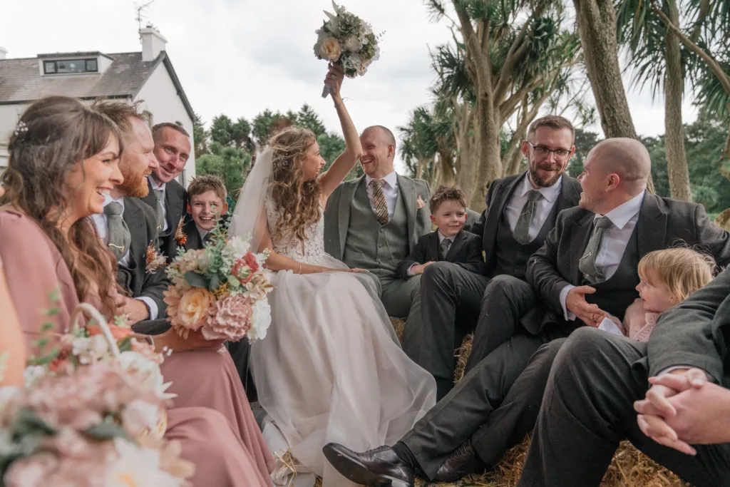 wedding tractor fun after ceremony at a private barn venue in northern ireland