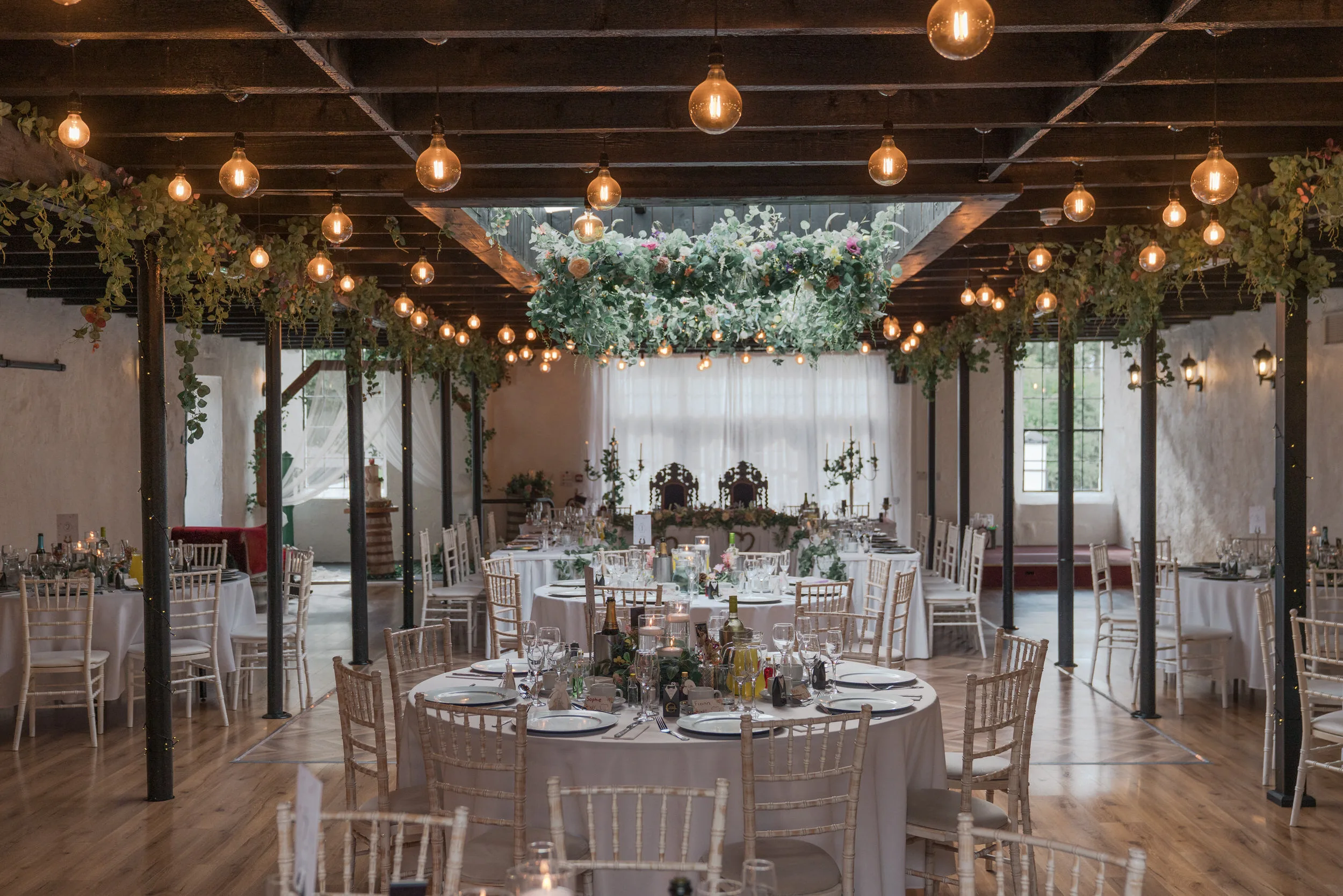 barn wedding venue in ireland set up for the wedding reception meal